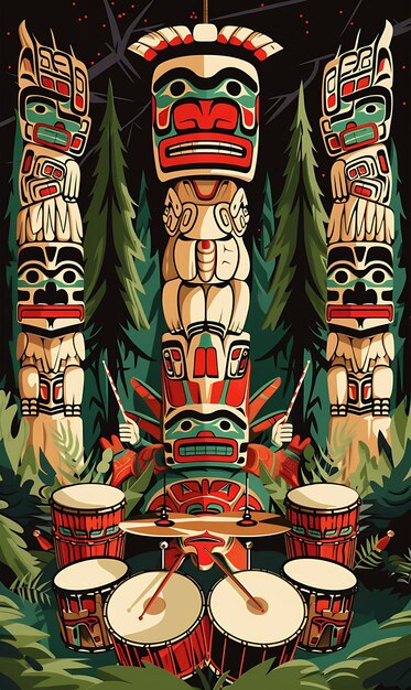 Photo a painting of a totem pole with a group of people around it