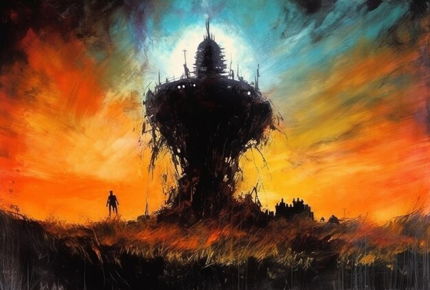 A painting of a tower with a man standing in front of it