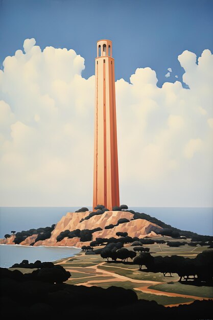 a painting of a tower with a sky background