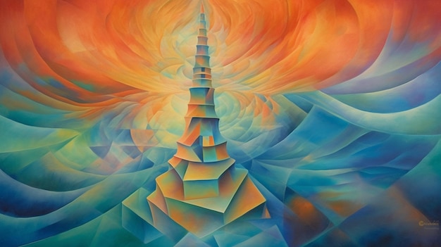 A painting of a tower with a sky background