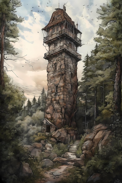 A painting of a tower in the woods