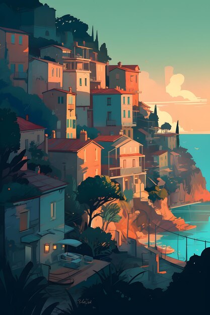 A painting of a town by the sea