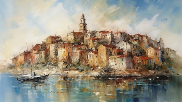 A painting of a town by the sea