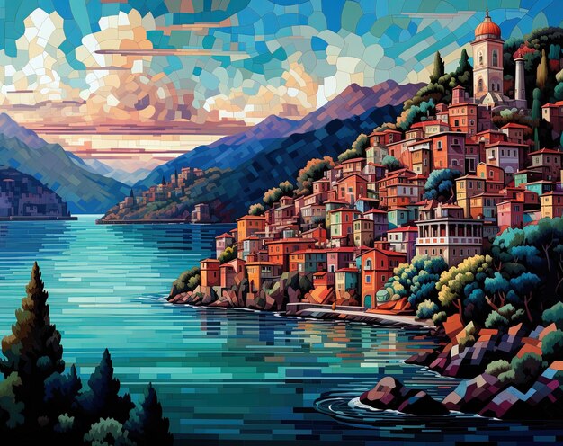 a painting of a town by the water with a mountain view