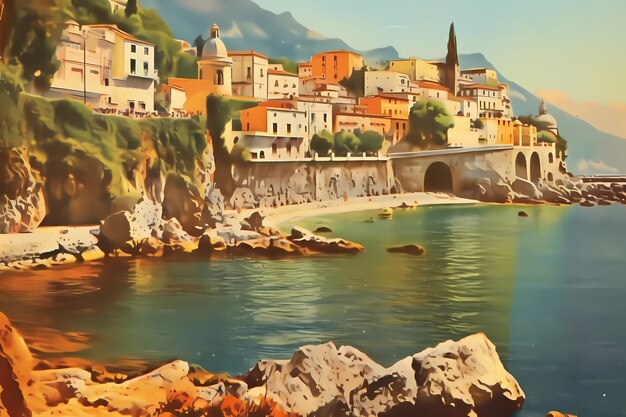 Photo a painting of a town by the water