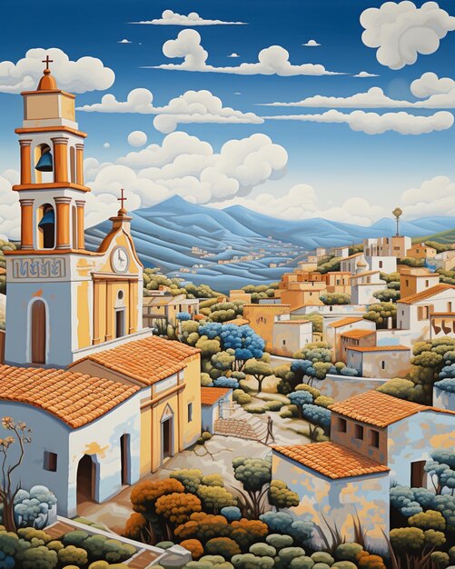 Photo painting of a town with a bell tower and a church generative ai