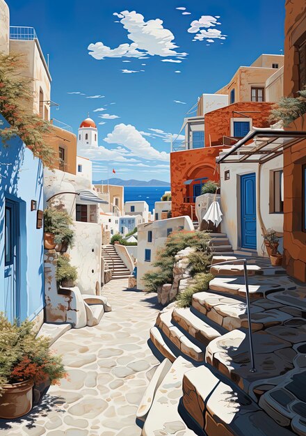 Photo a painting of a town with a blue door and a white door