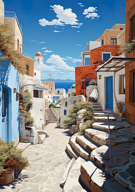 a painting of a town with a blue door and a white door