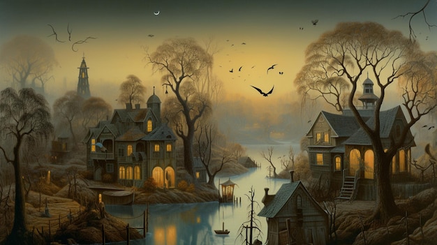 A painting of a town with a foggy sky and birds flying around it.