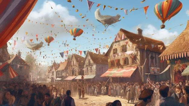 A painting of a town with a hot air balloon in the sky.