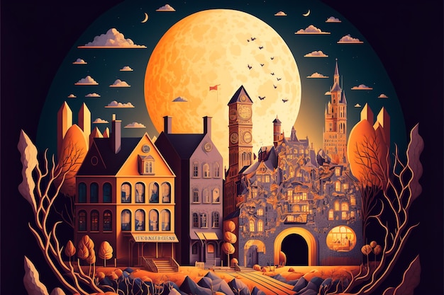 A painting of a town with a moon and a clock on the top.