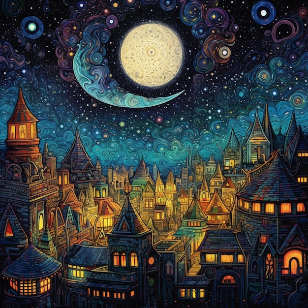 A painting of a town with a moon in the sky