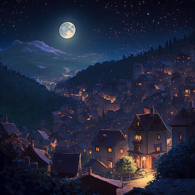 Photo a painting of a town with a moon in the sky