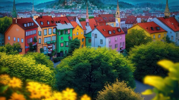 A painting of a town with a mountain in the background