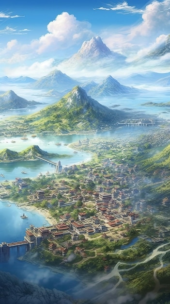 A painting of a town with mountains and a lake.