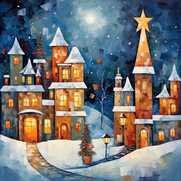 Photo a painting of a town with a star on it