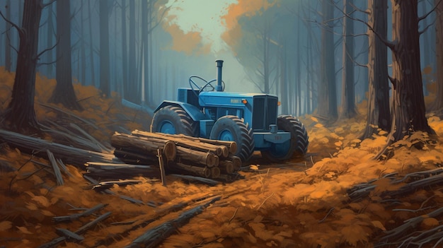 Photo a painting of a tractor in a forest with a blue tractor in the foreground.