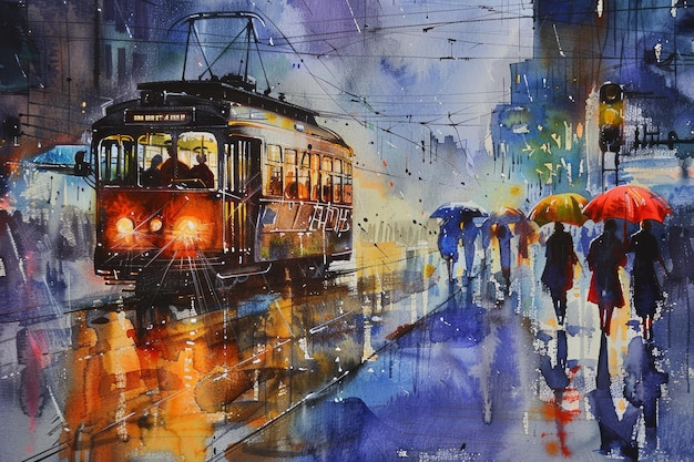 a painting of a train going down the street with people walking in the rain