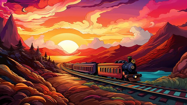 A painting of a train running by the sea.