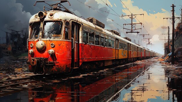 a painting of a train that has the number 3 on it