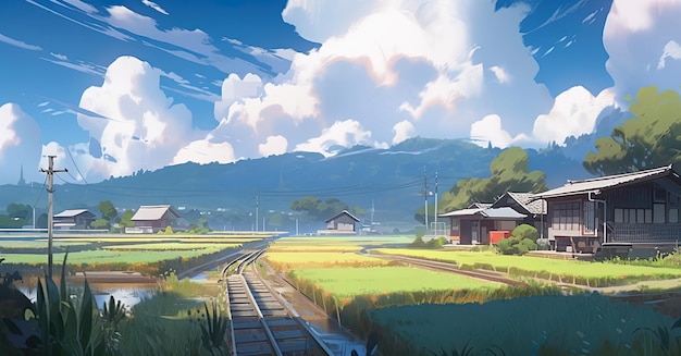 A painting of a train track going through a rural area AI generative image