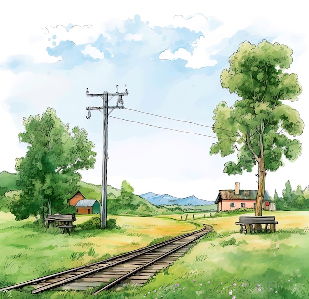 A painting of a train track with a house in the background