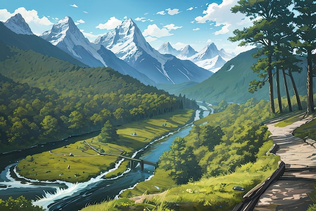 A painting of a train track with mountains in the background