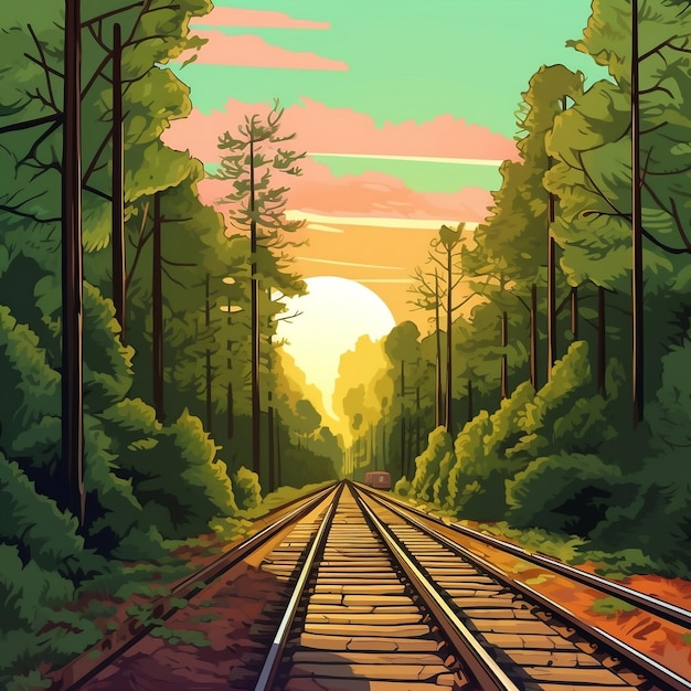 Photo a painting of a train track with a sunset in the background.