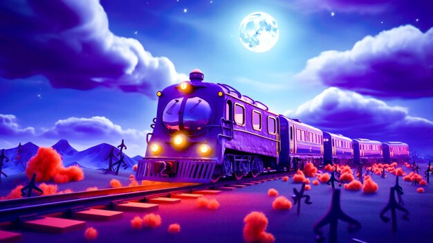 Painting of train on the tracks with full moon in the background Generative AI