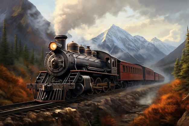 A painting of a train on a train track The locomotive moves among the mountains and beautiful nature along the rails Smoke from the chimney of a retro train