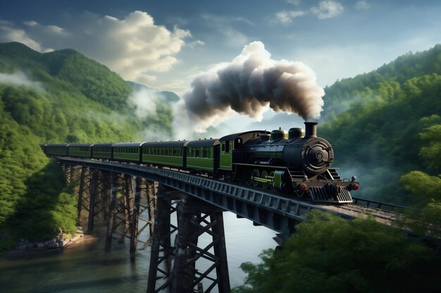 A painting of a train on a train track The steam locomotive moves along the bridge over the arm at high altitude along the railroad tracks Puffs of smoke from the chimney of a retro train