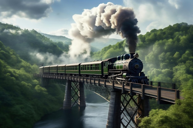 Foto un dipinto di un treno sui binari la locomotiva a vapore si muove lungo il ponte sopra il braccio in alta quota lungo i binari della ferrovia sbuffi di fumo dal camino di un treno retrò