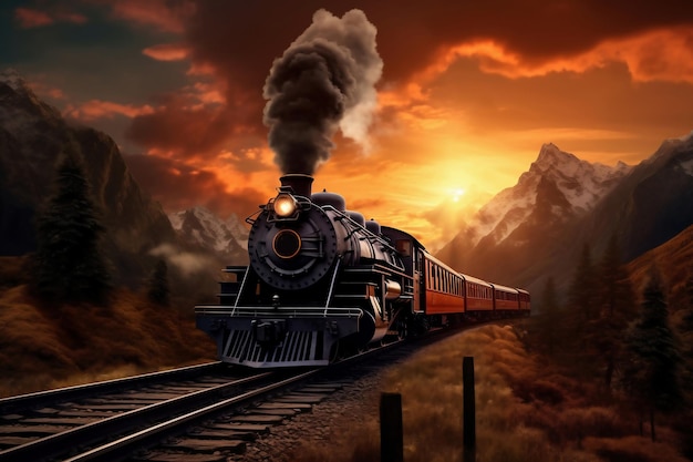 Photo a painting of a train on a train track the steam locomotive moves at sunset in the red rays of the sun along the railroad tracks puffs of smoke from the chimney of a retro train