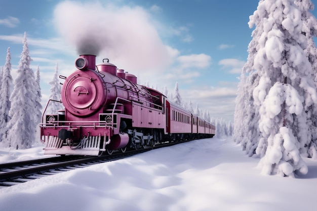 Картина с изображением поезда на железнодорожных путях. Паровоз движется зимой по заснеженному лесу вдоль железнодорожных путей. Клубы дыма из трубы ретро-поезда