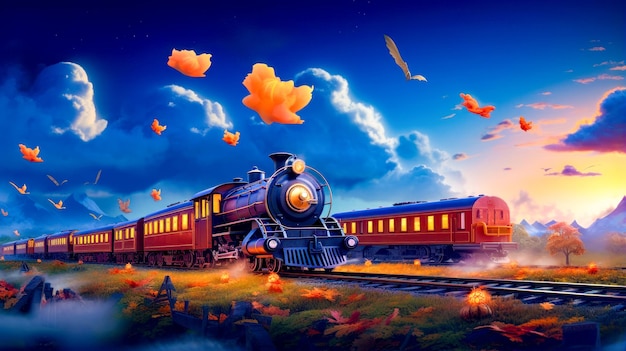 Painting of train on train track with autumn leaves in the foreground Generative AI