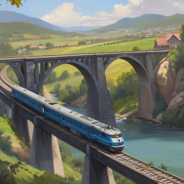 Painting of a train traveling over a bridge in