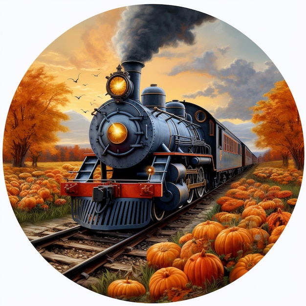 Painting of a train traveling through a pumpkin patch with a sky background generative ai