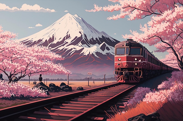 A painting of a train with a mountain in the background.