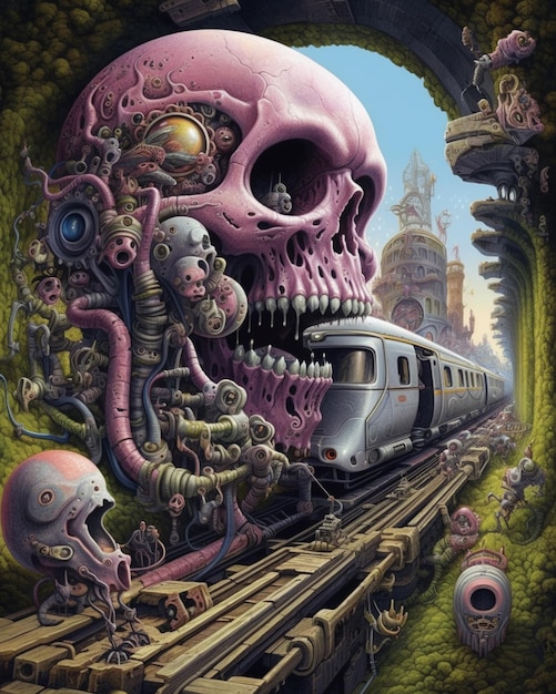 A painting of a train with a skull on it