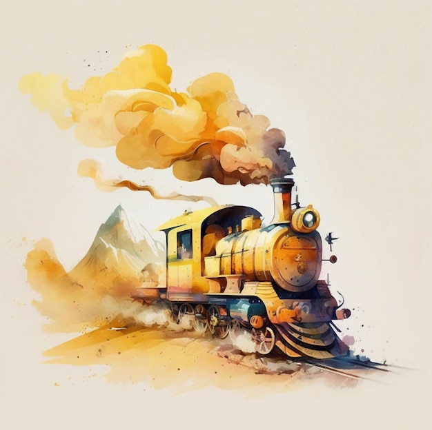 A painting of a train with a smoke billowing from the top.