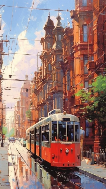 A painting of a tram in a city street.