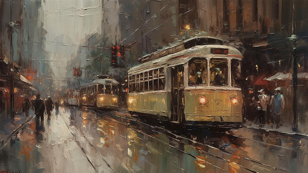 A painting of a tram in the rain