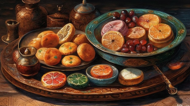 A painting of a tray of food with fruit on it.