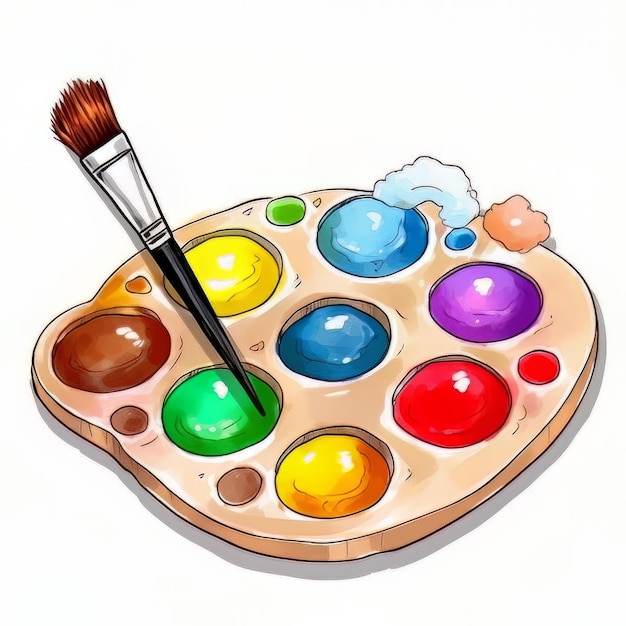 A painting tray with colorful paint on it and a brush on the bottom.