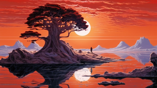 A painting of a tree on a beach with the sun setting behind it.