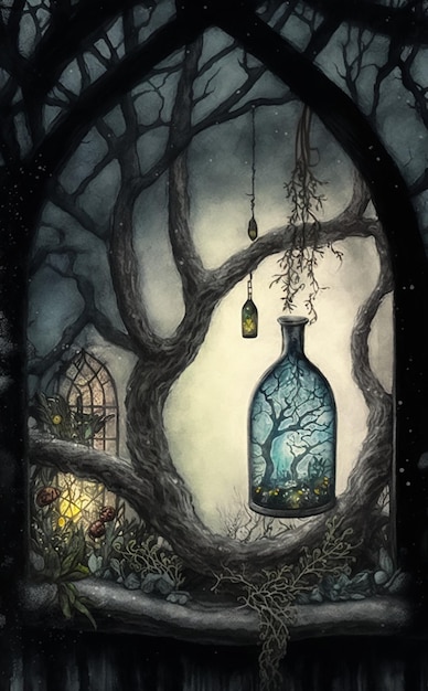 A painting of a tree in a bottle