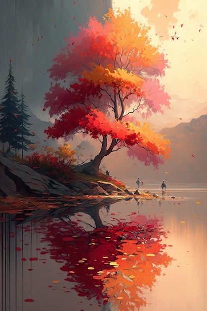 A painting of a tree by the lake