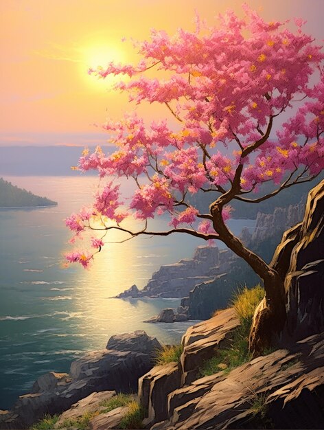 Painting of a tree on a cliff overlooking a body of water ai generative