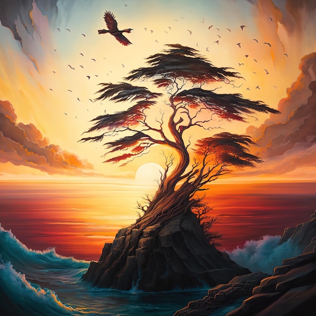 A painting of a tree on a cliff with a bird flying above it.