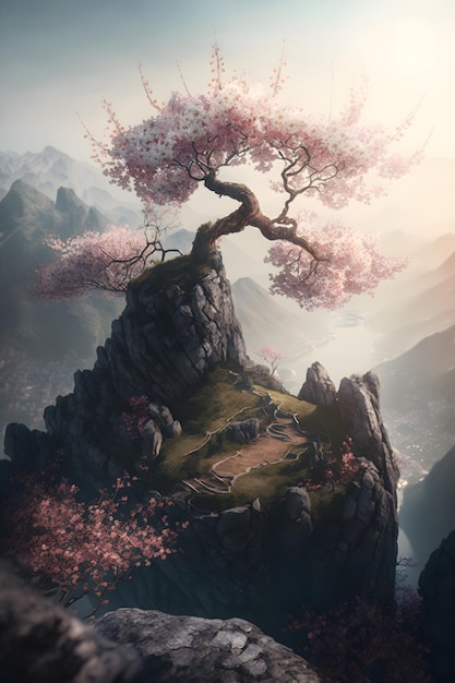 A painting of a tree on a cliff with a mountain in the background